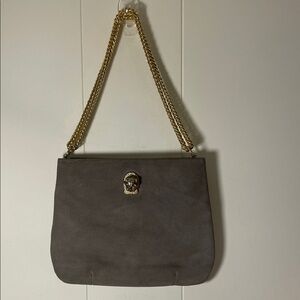 Ruth Saltz Vintage Gray Suede Shoulder Bag with Gold Accents Cougar Head